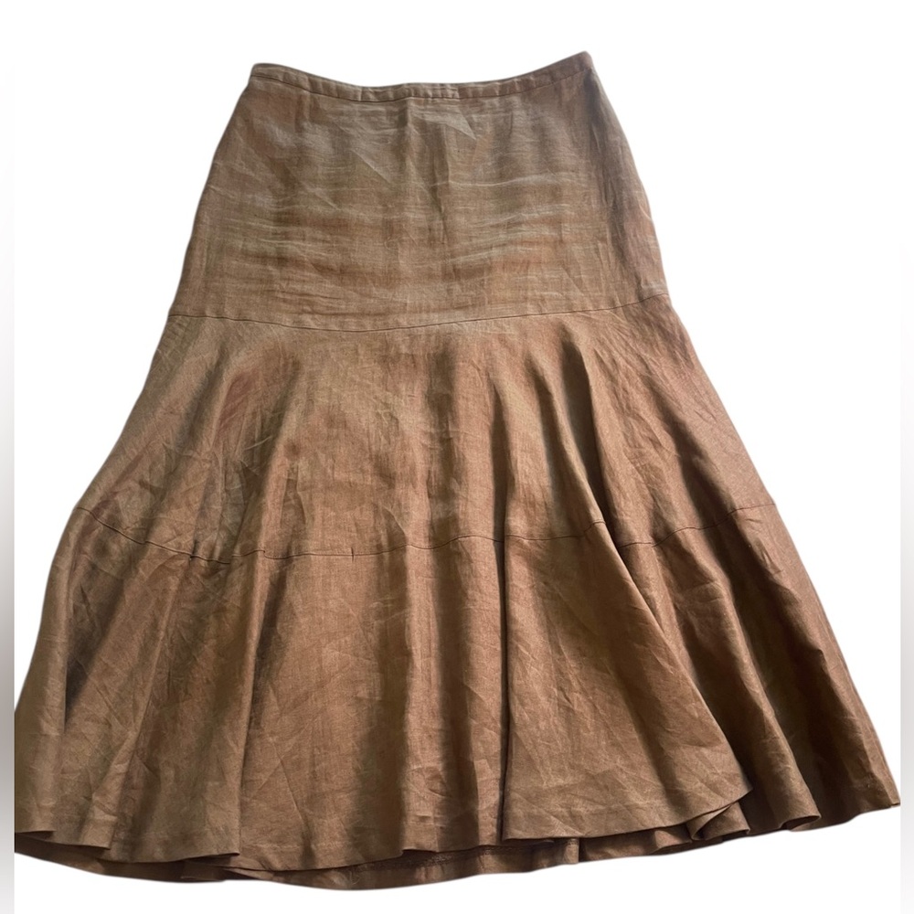 Rafaella 100% Linen Brown Mocha Tiered Midi Skirt Size 8 Vintage Boho Lagenlook